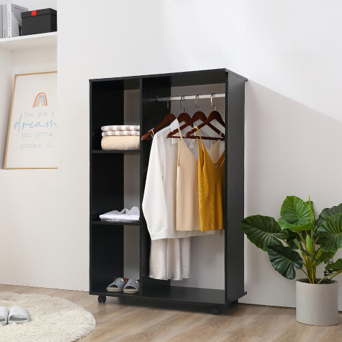 Homcom HOMCOM Rolling Open Wardrobe Hanging Rail Storage Shelves for Clothes, Black