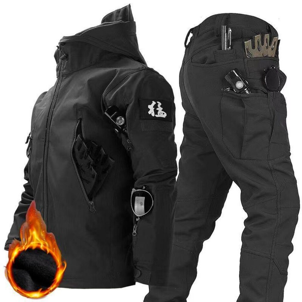 (black, XL) Men&apos;s Winter Autumn Fleece Jackets Tactical Waterproof Suits Outdoor Fishing Hiking Camping Tracksuits Coats Thermal Pants
