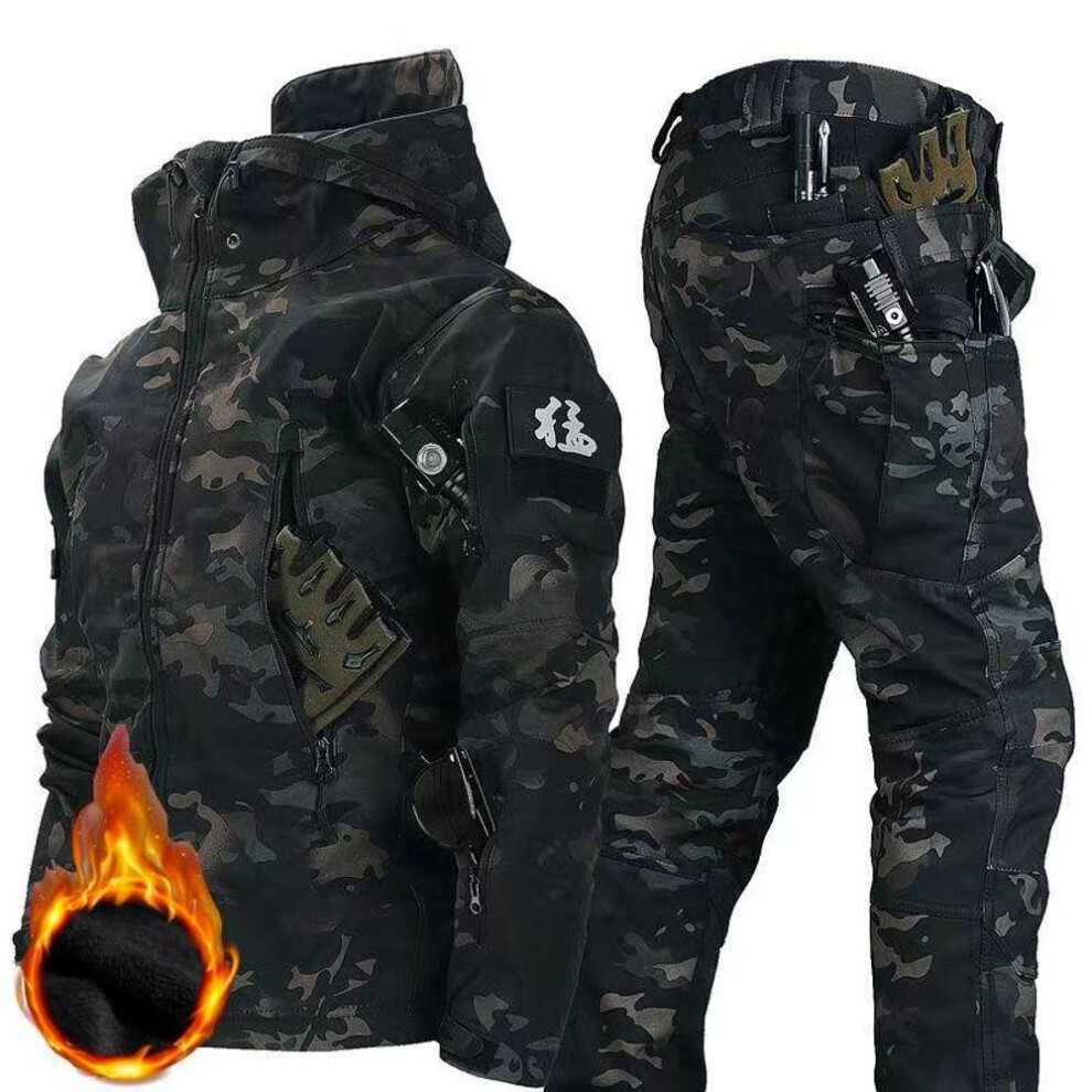 (camouflage green, XS) Men&apos;s Winter Autumn Fleece Jackets Tactical Waterproof Suits Outdoor Fishing Hiking Camping Tracksuits Coats Thermal Pants