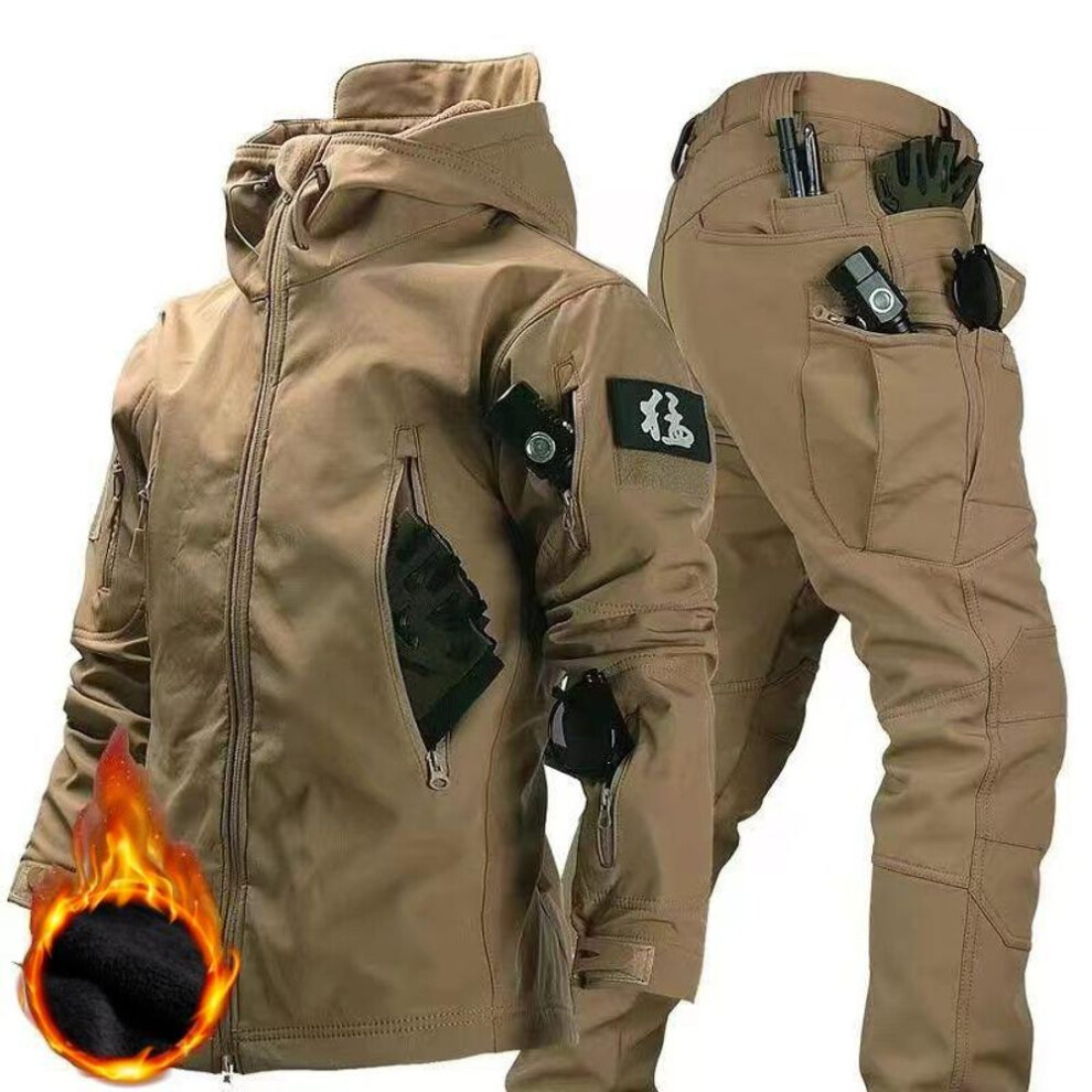 (khaki, XXS) Men&apos;s Winter Autumn Fleece Jackets Tactical Waterproof Suits Outdoor Fishing Hiking Camping Tracksuits Coats Thermal Pants