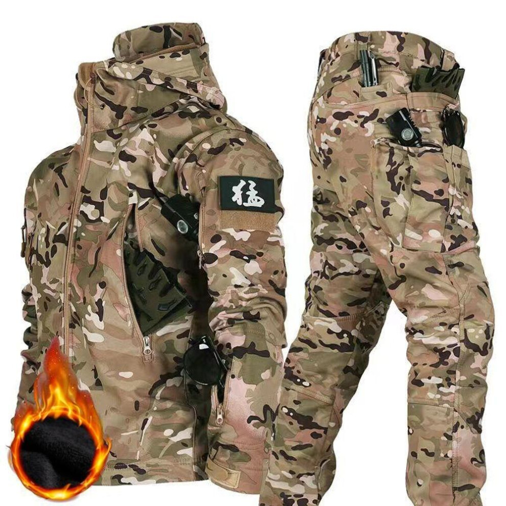 (yellow camouflage, L) Men&apos;s Winter Autumn Fleece Jackets Tactical Waterproof Suits Outdoor Fishing Hiking Camping Tracksuits Coats Thermal Pants