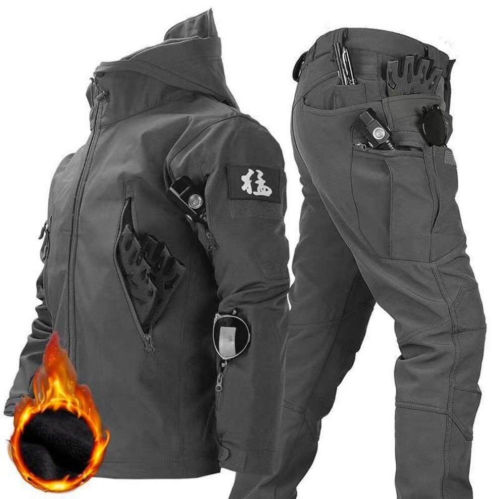 (grey, M) Men&apos;s Winter Autumn Fleece Jackets Tactical Waterproof Suits Outdoor Fishing Hiking Camping Tracksuits Coats Thermal Pants