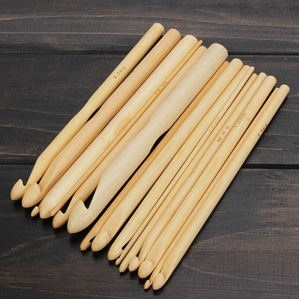 (16pcs) 16 Size Bamboo Handle Crochet Knit Hook Weave Yarn Craft Needle Set 2-12mm