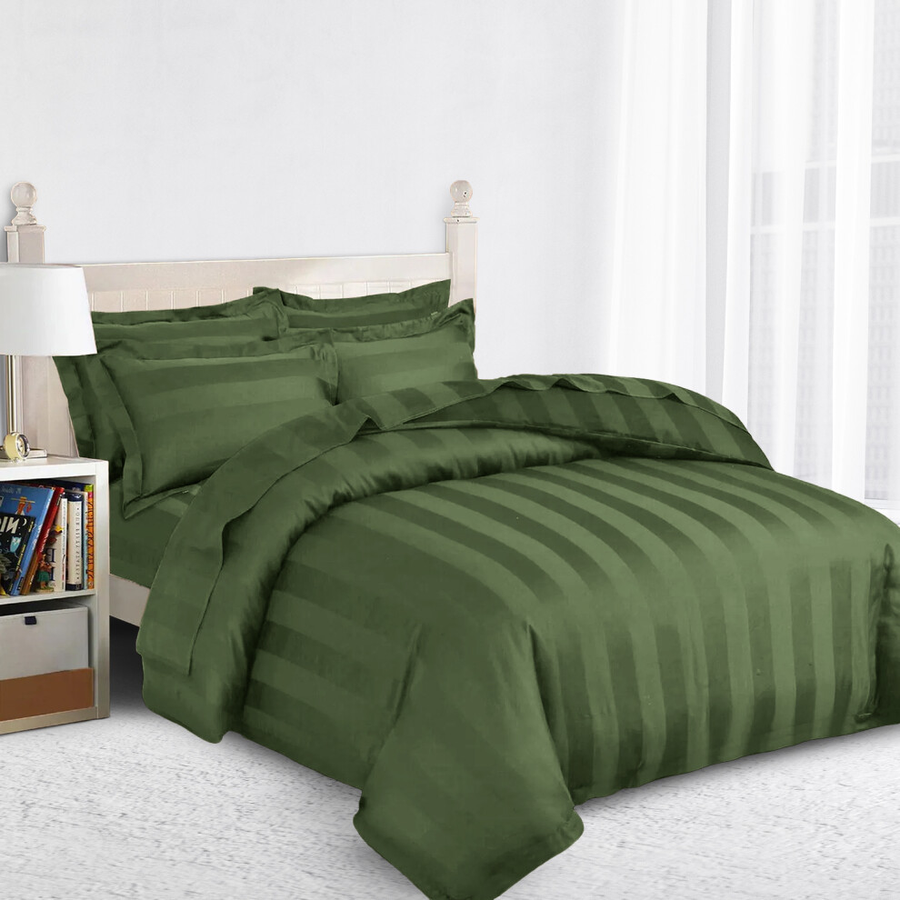 (King 4PC Stripe Duvet Set, Olive Green) Hotel Quality Satin Stripe Duvet Quilt Cover 4PC Bedding Set with Fitted Sheet & Pillowcases
