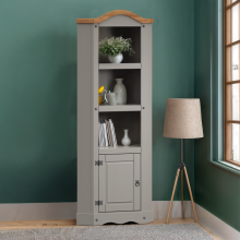 Corona Grey Wax Corner Display Unit Solid Wood Pine Wooden Bookcase