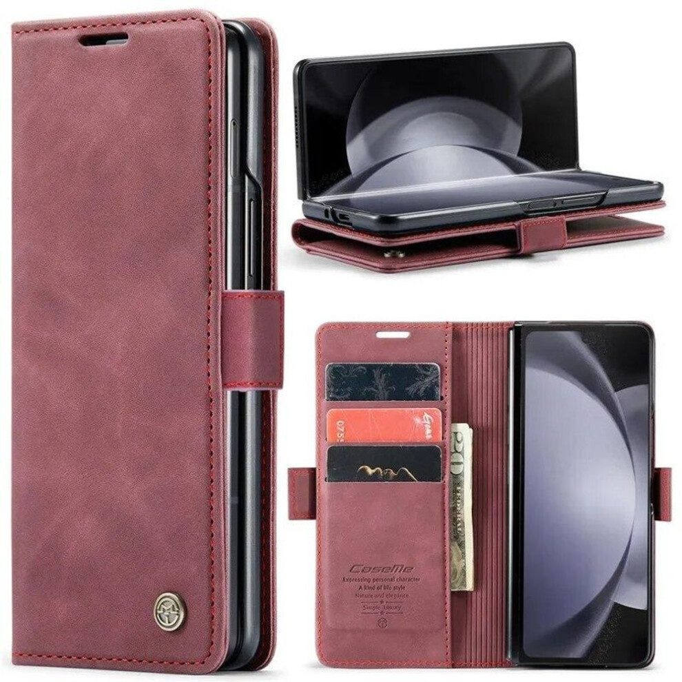 (red, Samsung Z Fold 5) Luxury Retor Leather Wallet Card Slot Phone Case For Samsung Galaxy Z Fold 5 4 Fold5 Fold4 Shockproof Flip Stand Cover Bag