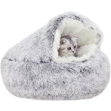 (50CM, Grey) Dog Cat Bed Hooded Kitten Pet Cosy Cave Soft Calming Igloo Cozy Plush Faux Fur