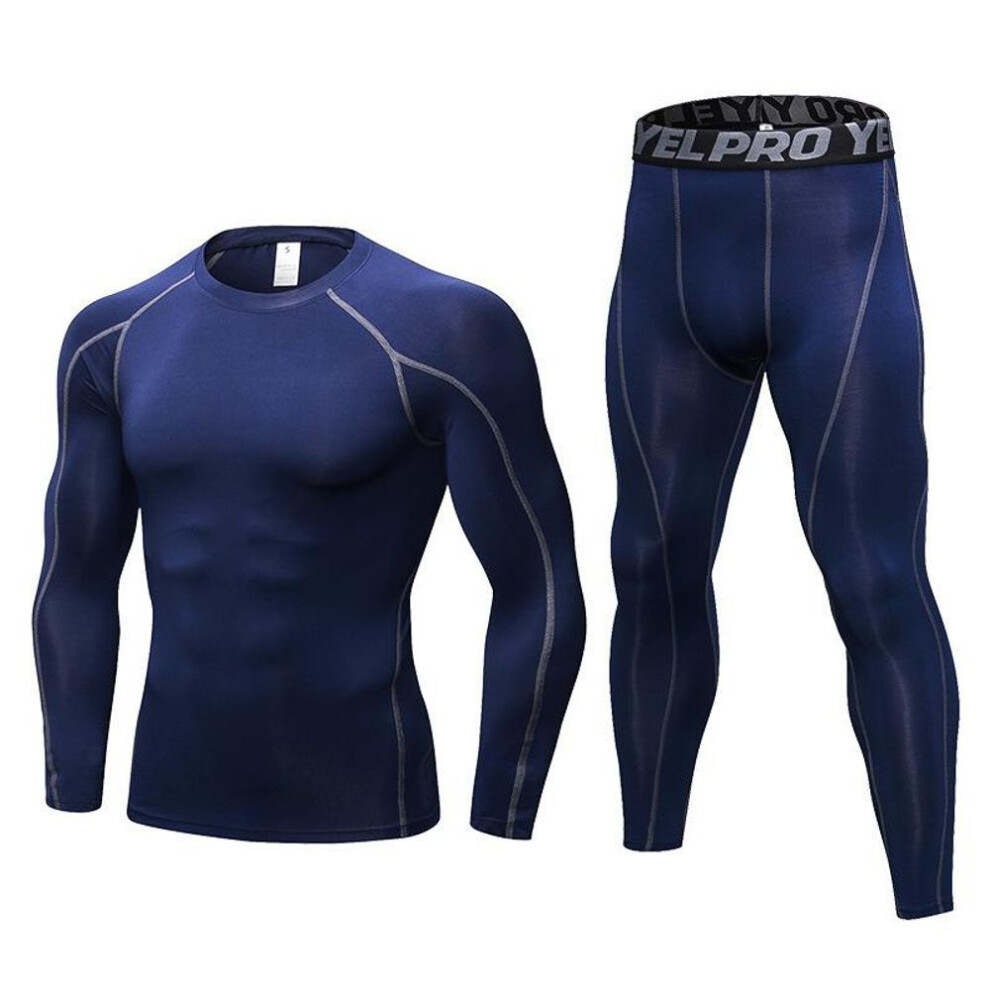 (navy, XL) One Set Men&apos;s Running Tight Jogging T Shirt+ Pants Training Gym Fitness Quick Drying Trousers Professional Sportswear Clothes Long Sleeves