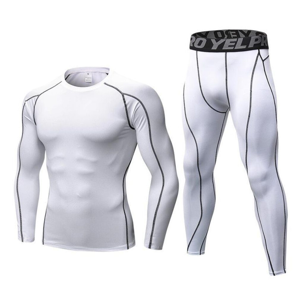 (white, L) One Set Men&apos;s Running Tight Jogging T Shirt+ Pants Training Gym Fitness Quick Drying Trousers Professional Sportswear Clothes Long Sleeves