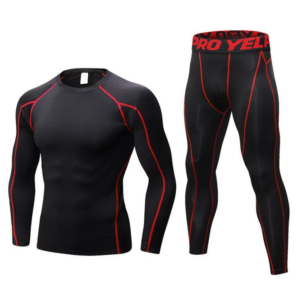 (black,red, M) One Set Men&apos;s Running Tight Jogging T Shirt+ Pants Training Gym Fitness Quick Drying Trousers Professional Sportswear Clothes Long Sleeves
