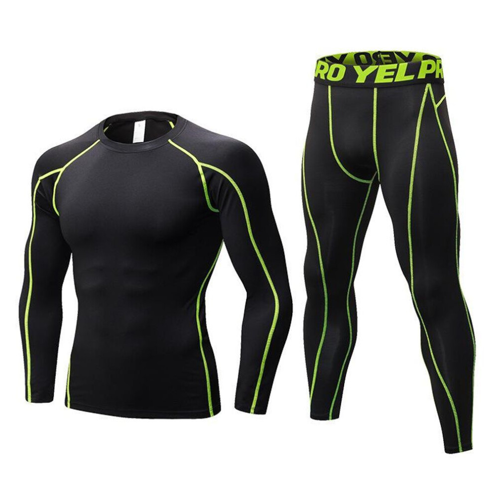 (black,green, XXL) One Set Men's Running Tight Jogging T shirt+ Pants Training Gym Fitness Quick Drying Trousers Professional Sportswear Clothes Long Sleeves