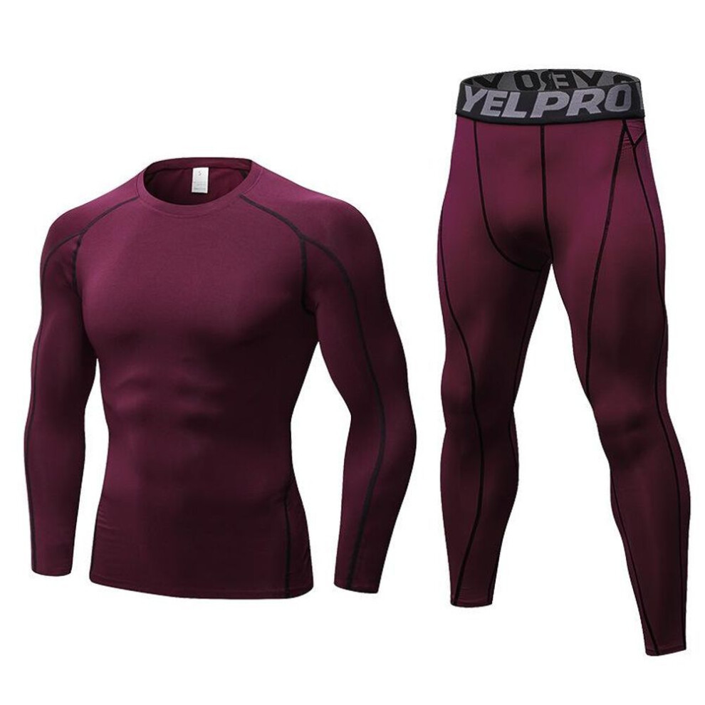 (wine red, L) One Set Men&apos;s Running Tight Jogging T Shirt+ Pants Training Gym Fitness Quick Drying Trousers Professional Sportswear Clothes Long Sleeves