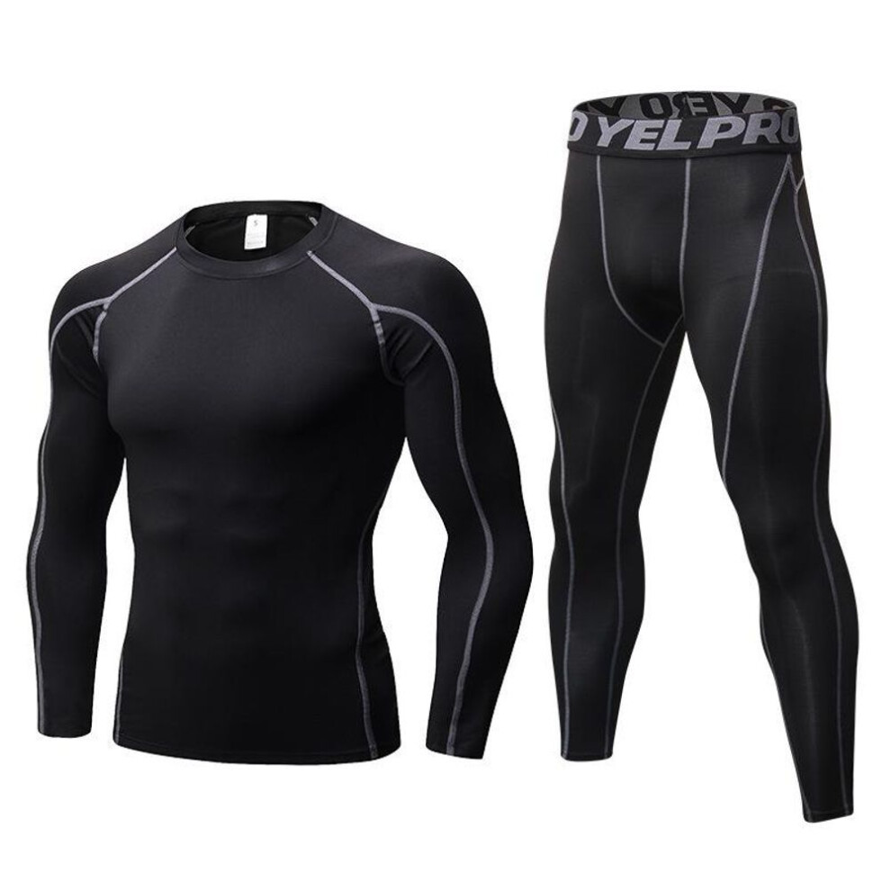 (black,grey, XXL) One Set Men&apos;s Running Tight Jogging T Shirt+ Pants Training Gym Fitness Quick Drying Trousers Professional Sportswear Clothes Long Sleeves