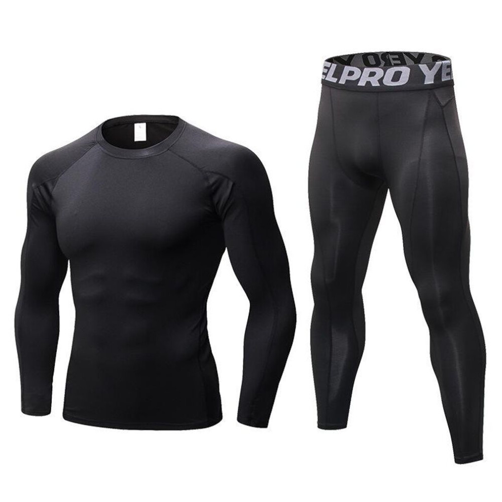 (black, M) One Set Men&apos;s Running Tight Jogging T Shirt+ Pants Training Gym Fitness Quick Drying Trousers Professional Sportswear Clothes Long Sleeves