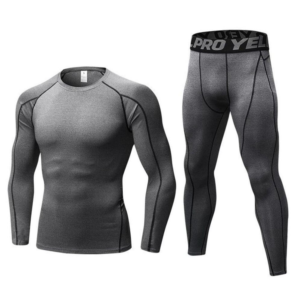 (grey, XL) One Set Men&apos;s Running Tight Jogging T Shirt+ Pants Training Gym Fitness Quick Drying Trousers Professional Sportswear Clothes Long Sleeves