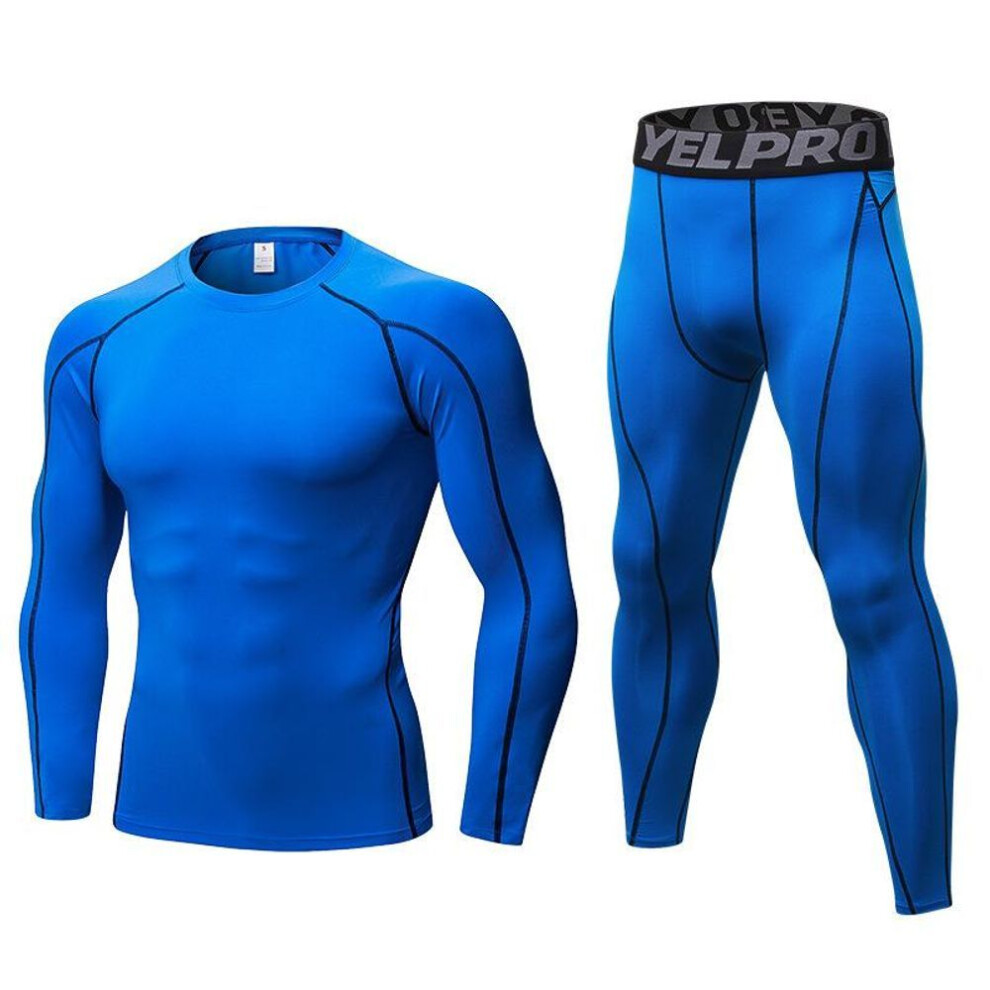 (blue, XXL) One Set Men&apos;s Running Tight Jogging T Shirt+ Pants Training Gym Fitness Quick Drying Trousers Professional Sportswear Clothes Long Sleeves
