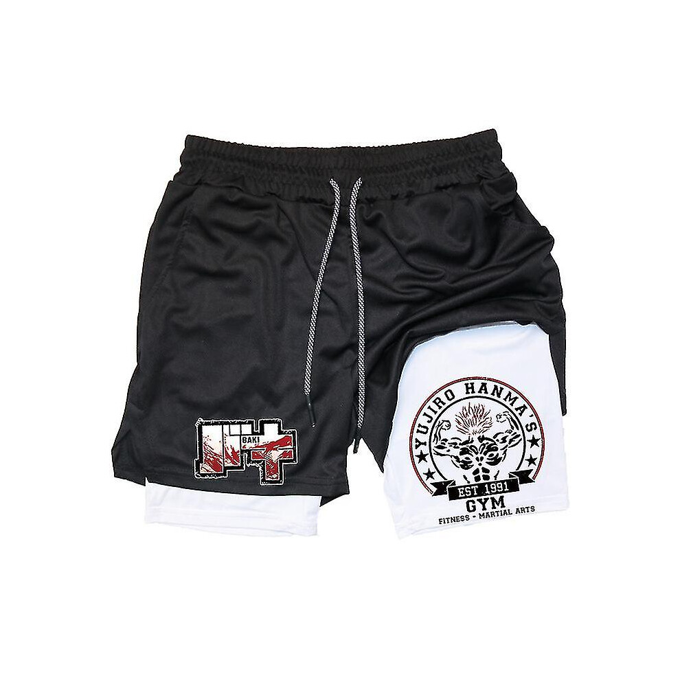 (Style 1, L) Anime Baki 2-in-1 Gym Performance Short Mens Athletic Compression Shorts Quick Dry Stretch Workout Fitness Running Jogging