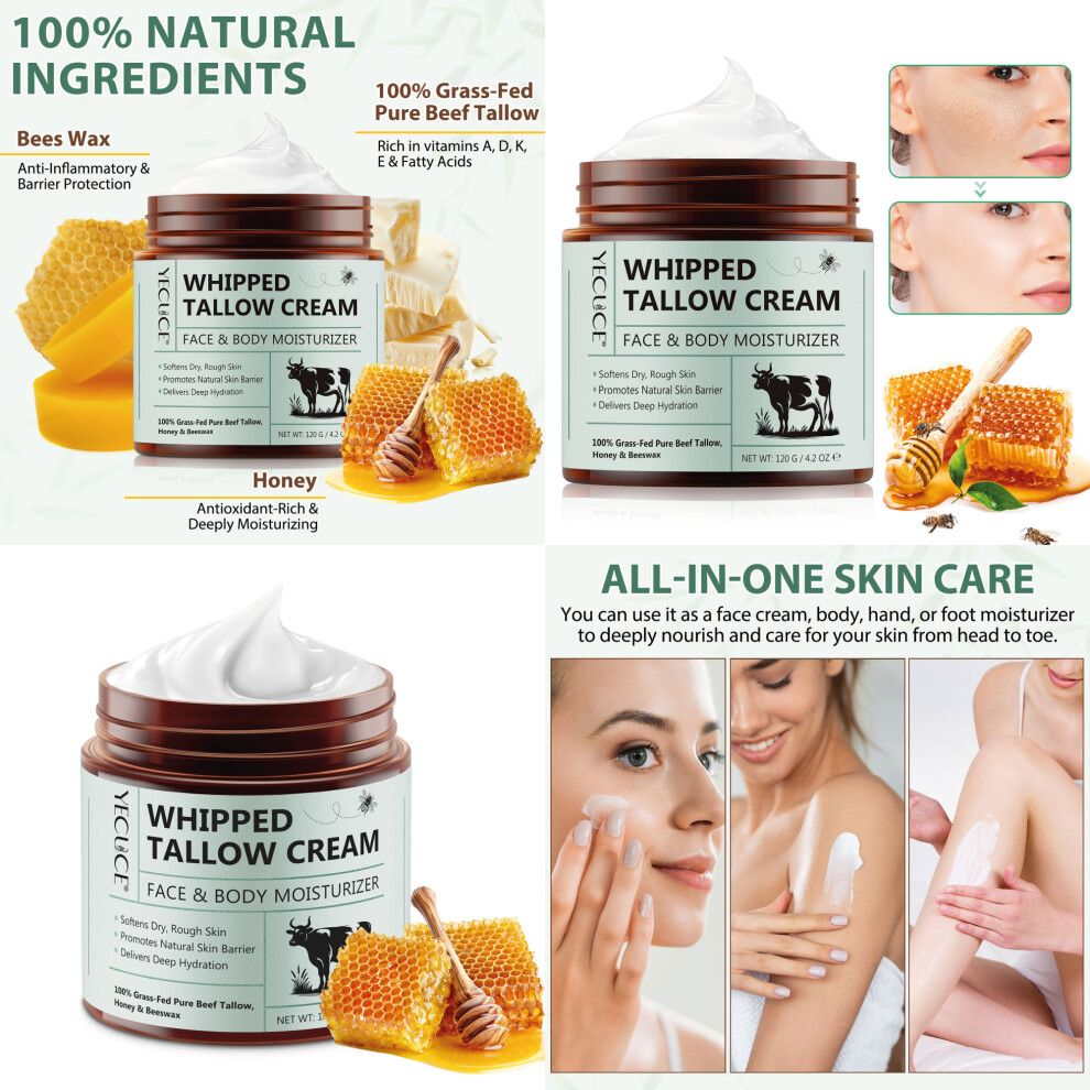 Jyw Whipped Tallow For Skin, Grass-Fed Beef Tallow And Honey Beeswax Cream