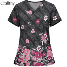 (S, Black) Ctallthy Women Printed Medical Uniform Nursing Scrub Short Sleeve Pocket T-Shirt Tops