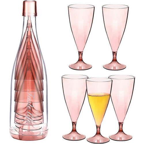 Set of 5 Stackable Champagne Flutes Set, Reusable Unbreakable Wine Glasses with Bottle Container