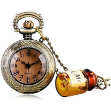 Alice in Wonderland Themed 3D Bronze Effect Women's Quartz Pocket Watch Necklace - On 32" Inch / 80cm Chain