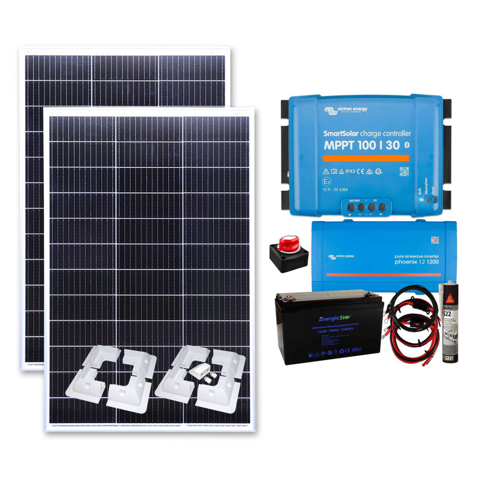 300w Solar Panel Kit MPPT Controller Lithium Inverter, Mounting Brackets,100Ah Lithium Battery,1200w Inverter,Isolation Switch,Cables, Adhesive