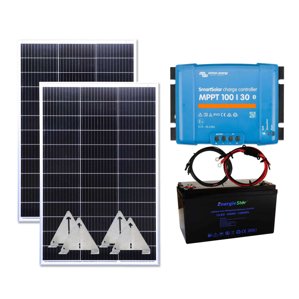 Lowenergie Victron 300W Solar Panel Kit Mppt Charging Controller Lithium Battery Flip Mount,Narrowboat Flip Mounting Brackets,100Ah Lithium Battery,Cables