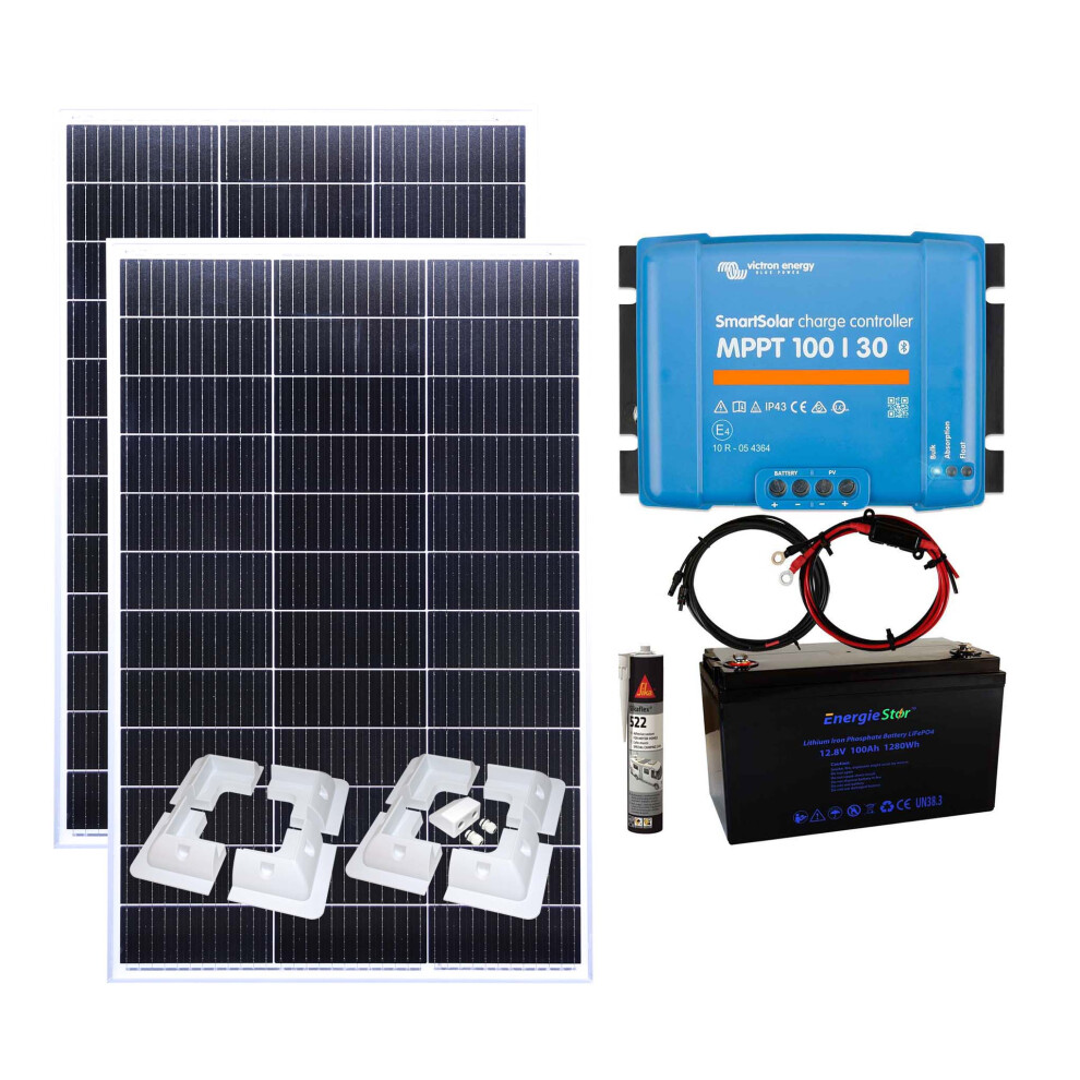 Victron 300w Solar Panel Kit MPPT Smart Controller Lithium BatteryMount with Mounting Brackets,100Ah Lithium Battery,Cables,Sikaflex Adhesive