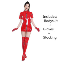 (Red-B, L) Sexy Women Pvc Faux Leather Catsuit Zipper Open Crotch Latex Bodysuit Bodycon Demon Queen Cosplay Costume