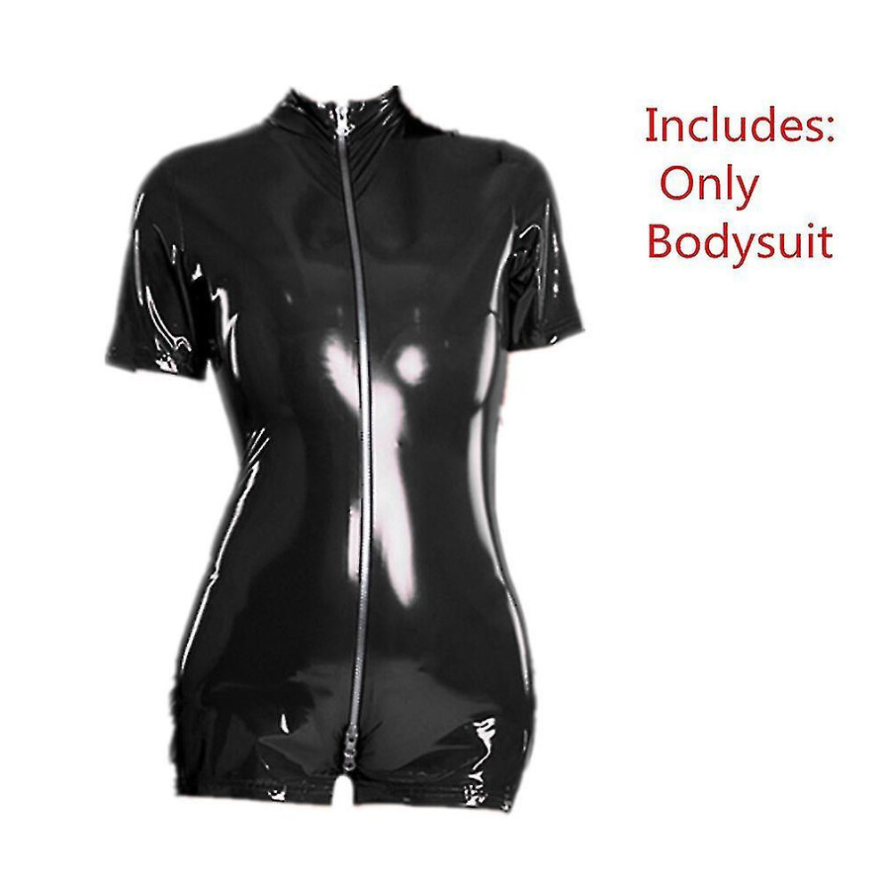 (-A, L) Sexy Women Pvc Faux Leather Catsuit Zipper Open Crotch Latex Bodysuit Bodycon Demon Queen Cosplay Costume Black