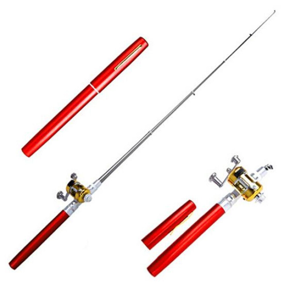 (red) Muqzi Sports Accessory Mini Outdoor Pocket Fish Pen Shape Fishing Rod Aluminum Alloy Fishing Pole