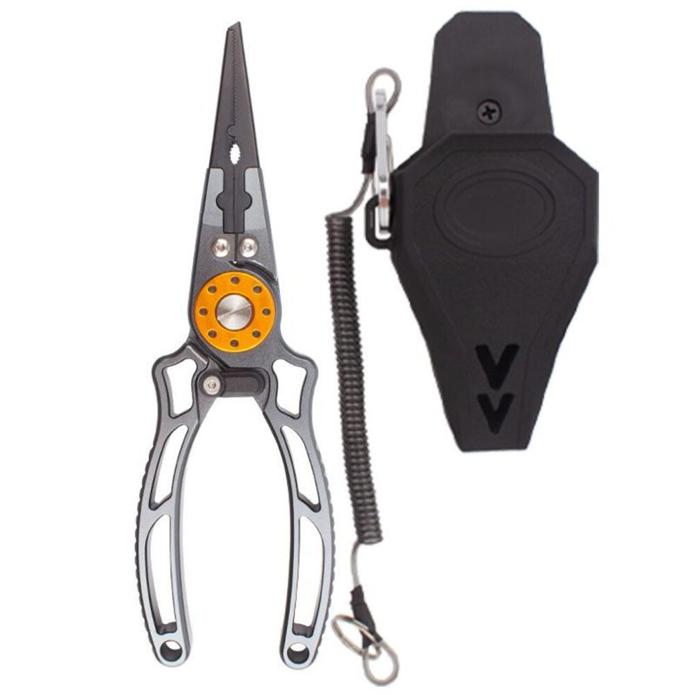 (gray, 1pcs with hand rope+cover) Multifunctional Fishing Pliers Aluminum Alloy Fishing Scissors Line Cutting Machine Fish Control Tool Portable Easy Storage Pliers Sleeve