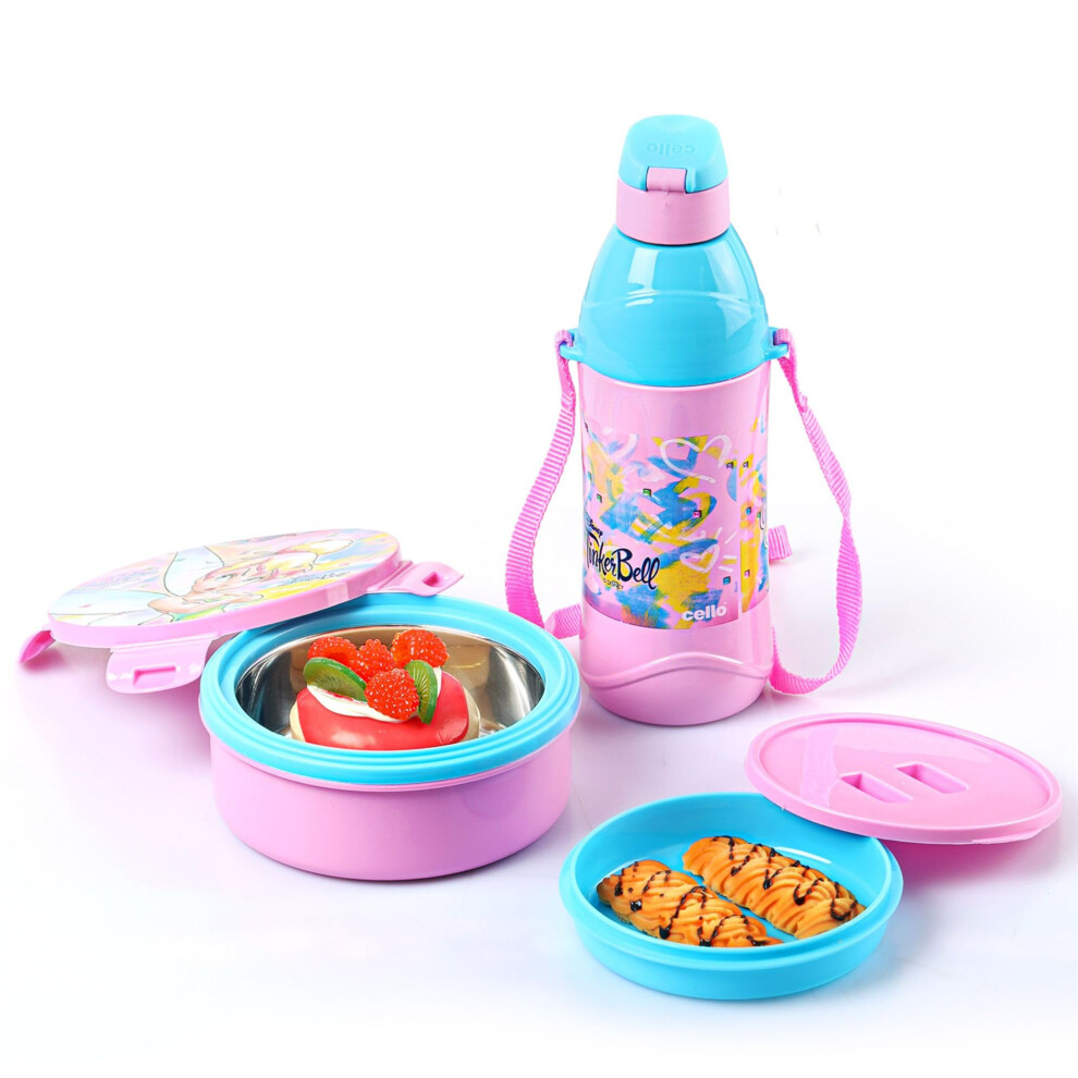 Cello Tiffy Geschenkset Isolierte Lunchbox + Trinkflasche innen aus Stahl (Tinker Bell)