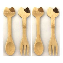 JB Home Collection 4-teiliges Bambus-Lffel- und Gabel-Set in Katzenform fr Kinder, wiederverwendbare Holzutensilien fr Dessert, Obst, Eis, Joghurt