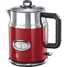 Wasserkocher [1,7l, 2400W] Retro Rot & polierter Edelstahl (Schnellkochfunktion,  außenliegende Wasserstandsanzeige)