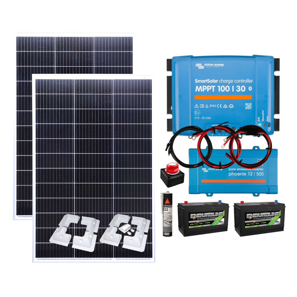 Victron 300w Mono Solar Panel Kit MPPT Battery Charging Controller,Inverter with Mounting , Enduroline Batteries, Cables, isolation switch  Sikaflex