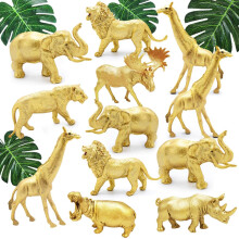 Metalliska Guld Plast Djur Figurer, 12PCS Guld Safari Djur, Elefant, Lejon, Giraff för Baby Shower