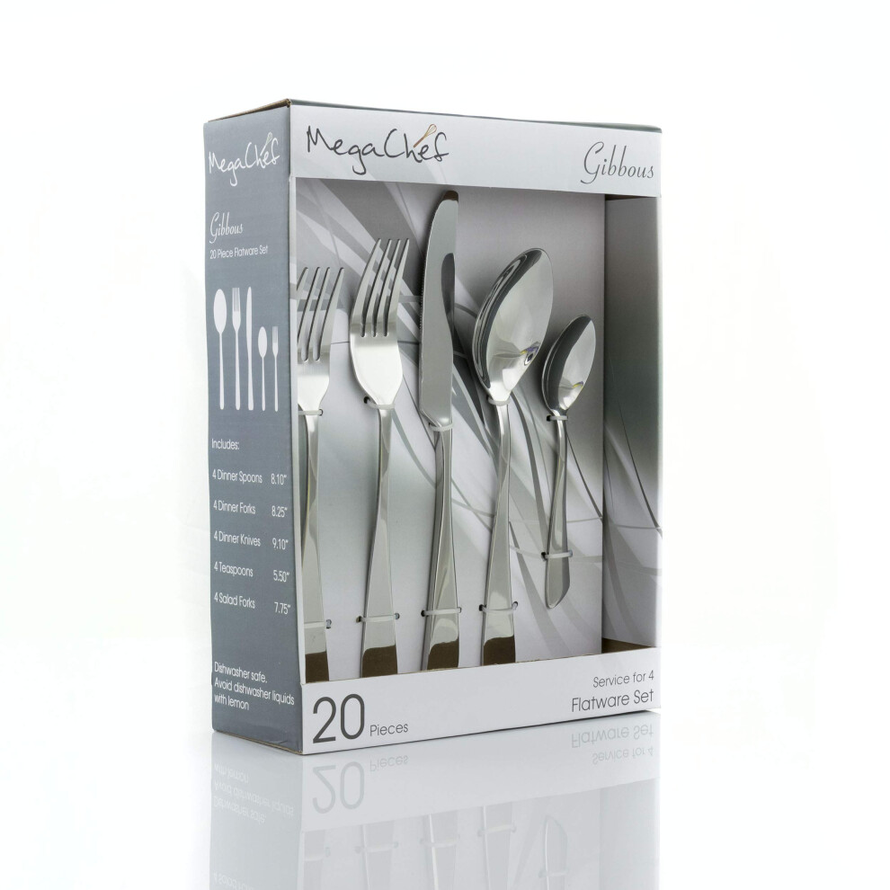 Megachef gibbous 20 Piece Flatware Utensil Set Stainless Steel Silverware Metal Service for 4 in Silver