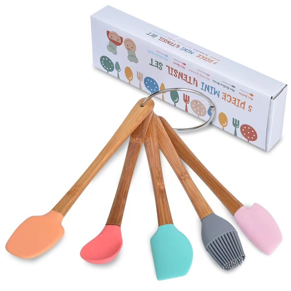 Lot de 5 mini spatules en silicone avec manche en bois et spatule en caoutchouc résistante à la chaleur, ustensiles de cuisine antiadhésifs pour ba
