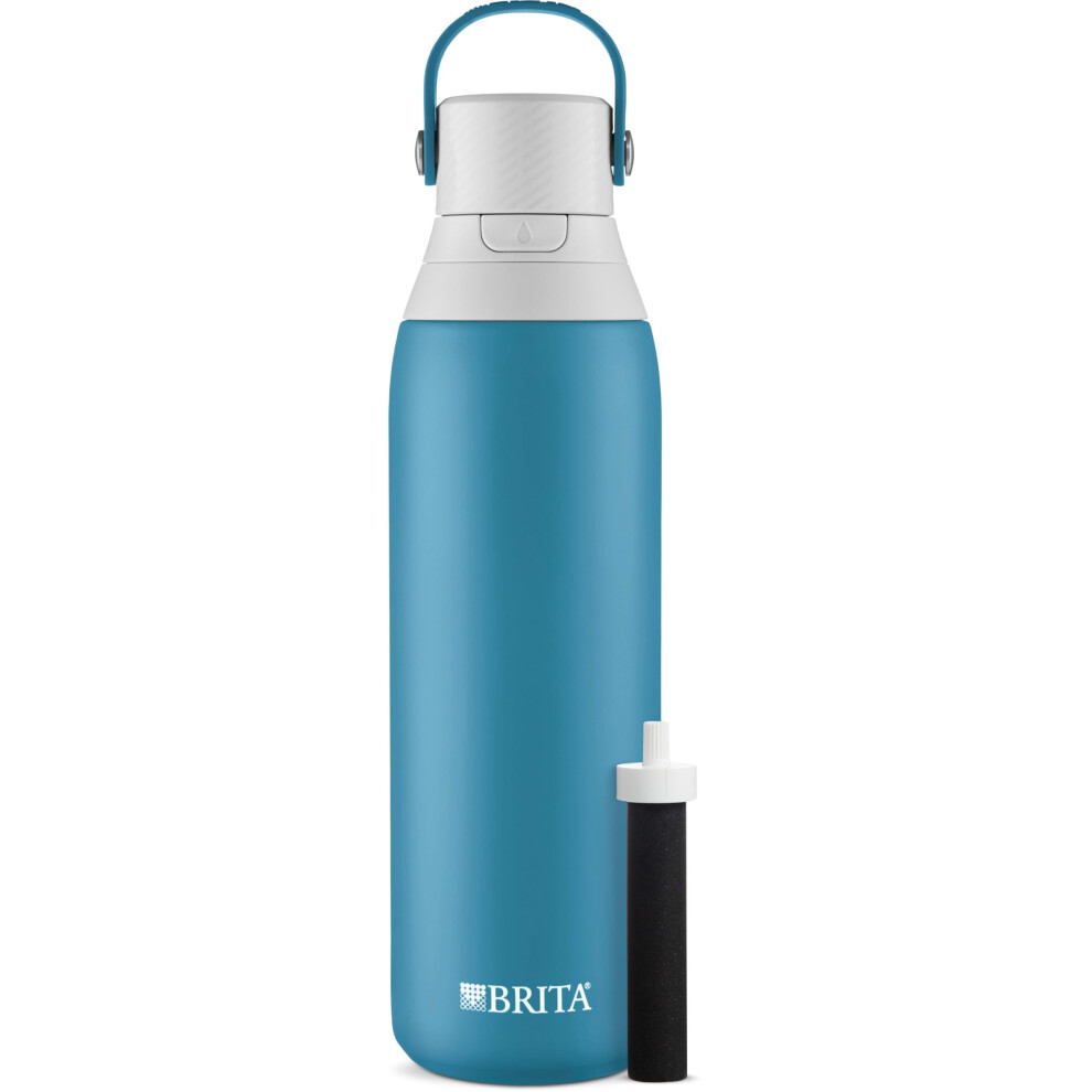 Brita Insulated Filtered Water Bottle with Straw  Reusable  Stainless Steel Metal  Blue Jay  20 Ounce