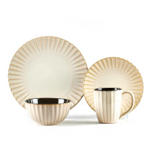 HomeVss, Osita Strip Stoneware 16pc Dinnerware Set, Reactive golden cream