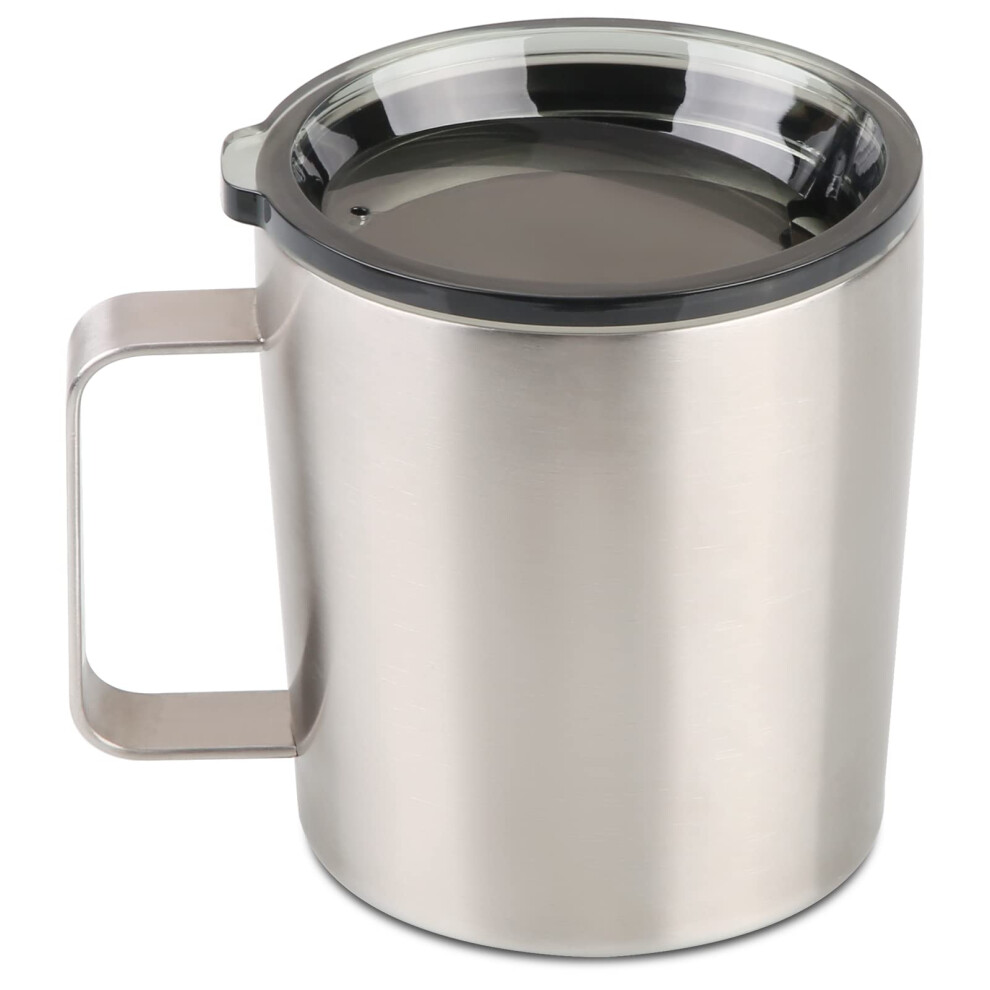 12 oz Insulated Coffee Mug with Lid, Stainless Steel, Double Wall Vacuum Insulated Travel Mug Coffee Cup with Handle, Stainless Steel/Silver (803-019
