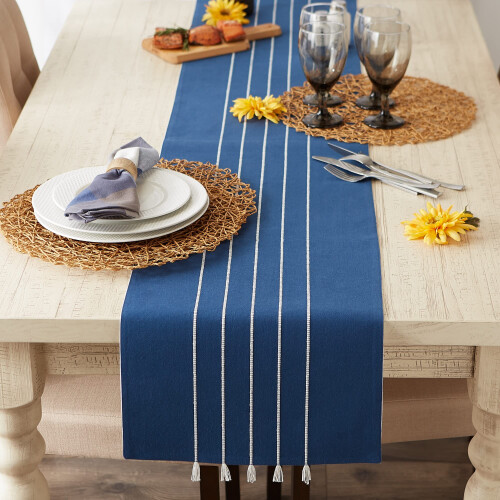 NAVY/OFF-WHITE STRIPE TASSEL TABLE RUNNER 14x108 2
