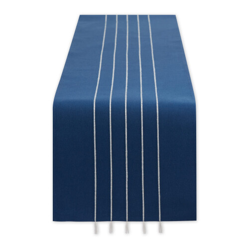 NAVY/OFF-WHITE STRIPE TASSEL TABLE RUNNER 14x108 1