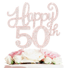 Topo de Bolo em Strass Rosa Dourado 50º Aniversário - Decoração Metalizada para Festa de Aniversário