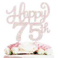 Feliz 75º Aniversário Topo de Bolo com Strass Dourado Rosa - 75 Anos de Festa de Aniversário, Brinde a 75 Anos