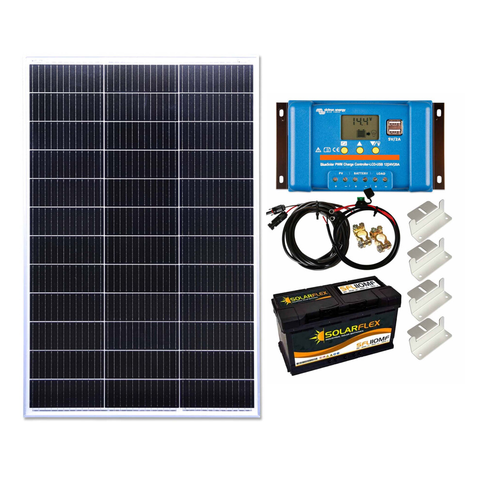 Lowenergie 150w Mono Solar Panel Kit Battery+ Charging Controller PWM-USB ZMount with Mounting Brackets, Cables, TBranches and 100Ah SolarFlex Battery