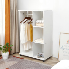 HOMCOM 02-0604 Rolling Open Wardrobe with Aluminium Hanging Rail, 3 Shelves, 4 Wheels - White, 128x80x40 cm