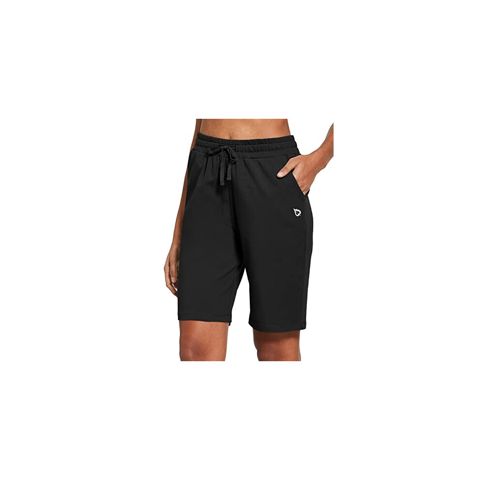 BALEAF Short Bermuda Long en Coton pour Femme, Short D?contract? d'?t? Longueur Genou, Short de Marche avec Poches, Noir, Taille L