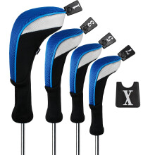 Andux 4pcs/Set Golf 460cc Driver Wood Club Head Covers Long Neck with Replaceable No. Tags Black/Blue